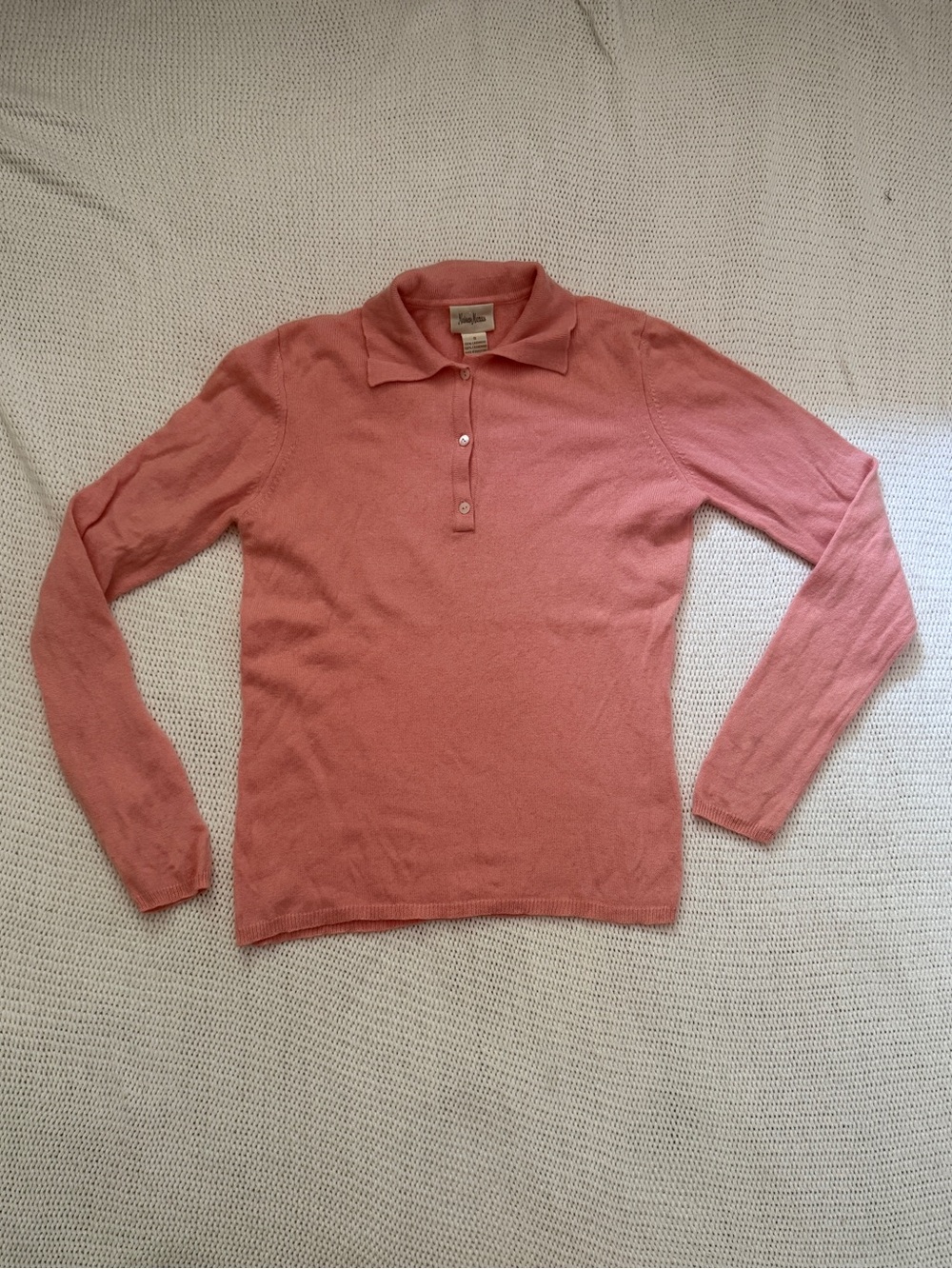 Neiman Marcus Coral Pink Long-Sleeve Polo %100 Cashmere Sweater